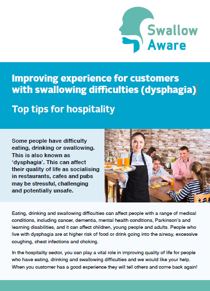 Cover of factsheet for hospitality factsheet on swallowing difficulties showing image of smiling waitress carrying tray of food and drink with family dining in the background